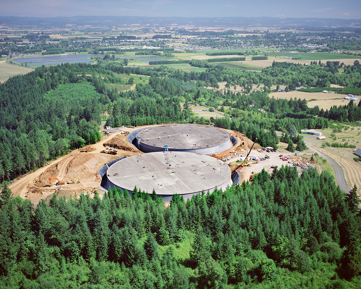 Fernhill Reservoir aerial view with forest around